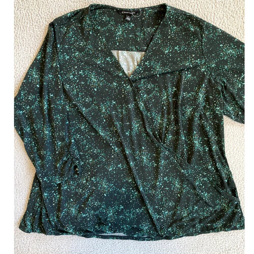 41 HAWTHORNE Faux Wrap Top Womens 3X Green Artsy Stretch Flowy Work 3/4 Sleeves